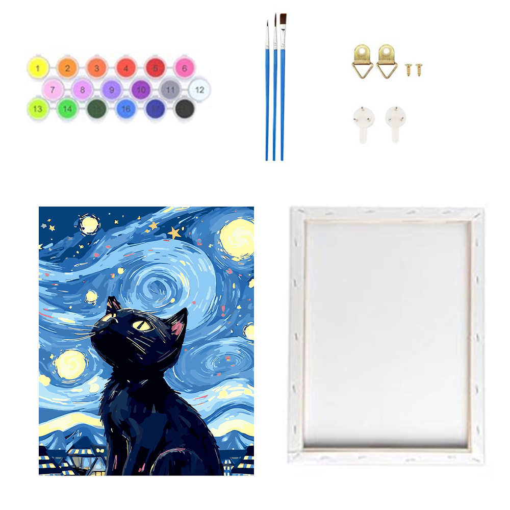Paint by numbers kit contents with paints, brushes, hooks and canvas